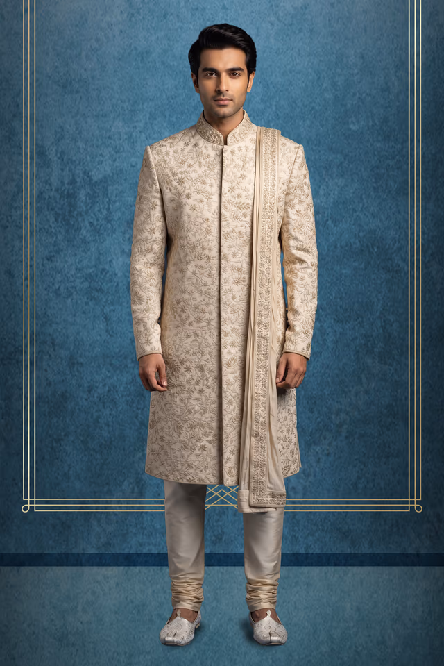 Beige Floral Embroidered Sherwani — rent in Coimbatore