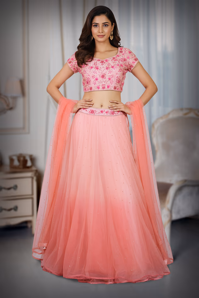 Baby Pink And Coral Peach Light Embroidered Lehenga Choli Set — back view, rent in Bangalore