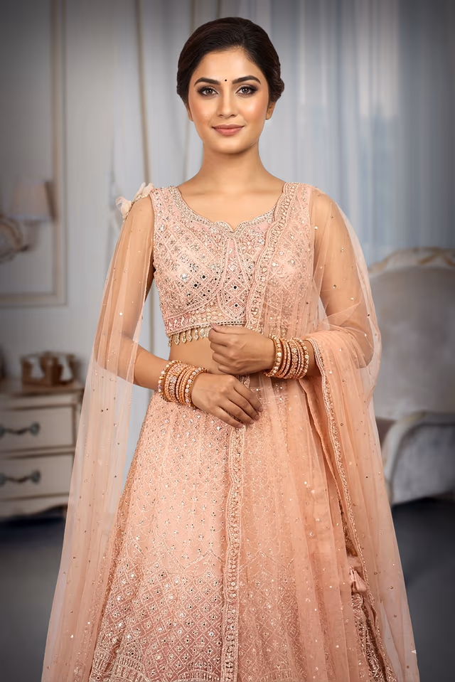 Baby Pink Omber Shaded Indo Western Lehenga — rent in Bangalore