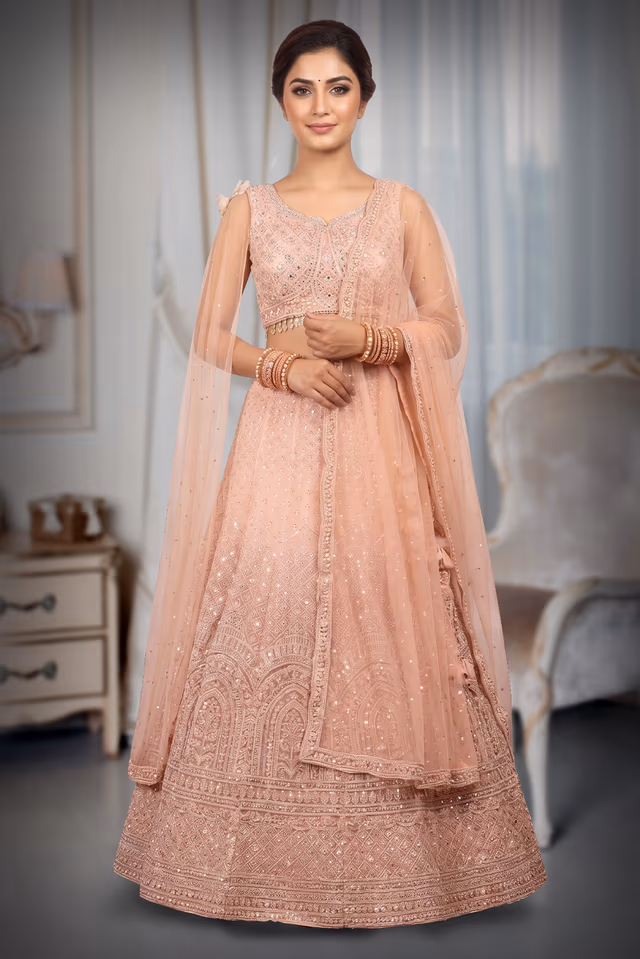 Baby Pink Omber Shaded Indo Western Lehenga — back view, rent in Bangalore