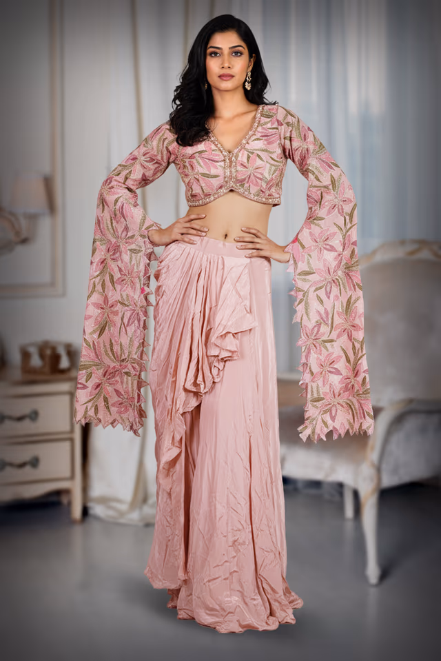 Blush Pink Contemporary Ethnic Ensemble — back view, rent in Bangalore