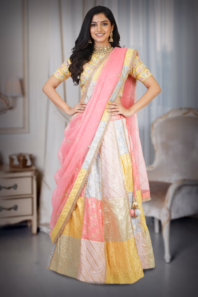 Multi color skirt in brocade polyester — back view, rent in Bangalore