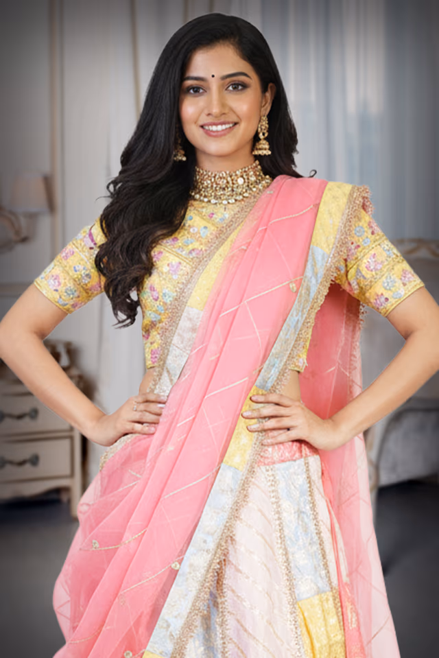 Multi color skirt in brocade polyester — rent in Bangalore