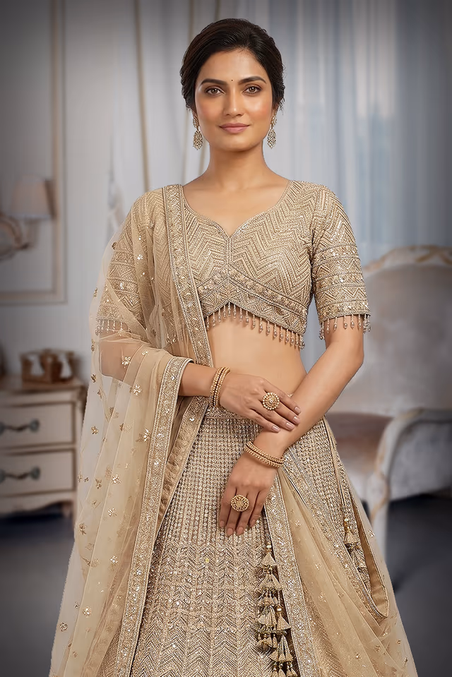 Off White Crop Top Lehenga With Beads Work Embellishments — rent in Calicut