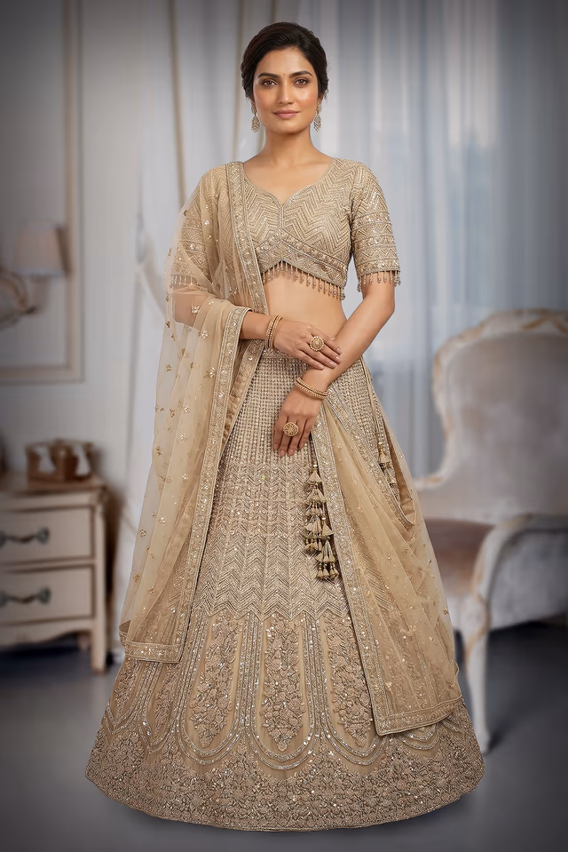 Off White Crop Top Lehenga With Beads Work Embellishments — back view, rent in Calicut