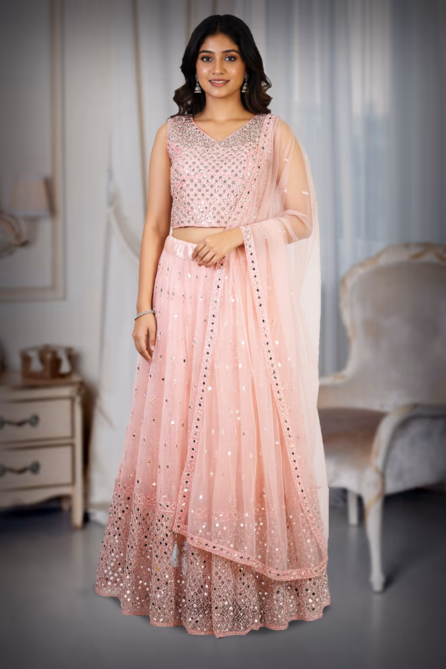 Pale Peach Mirror Work Lehenga — back view, rent in Bangalore