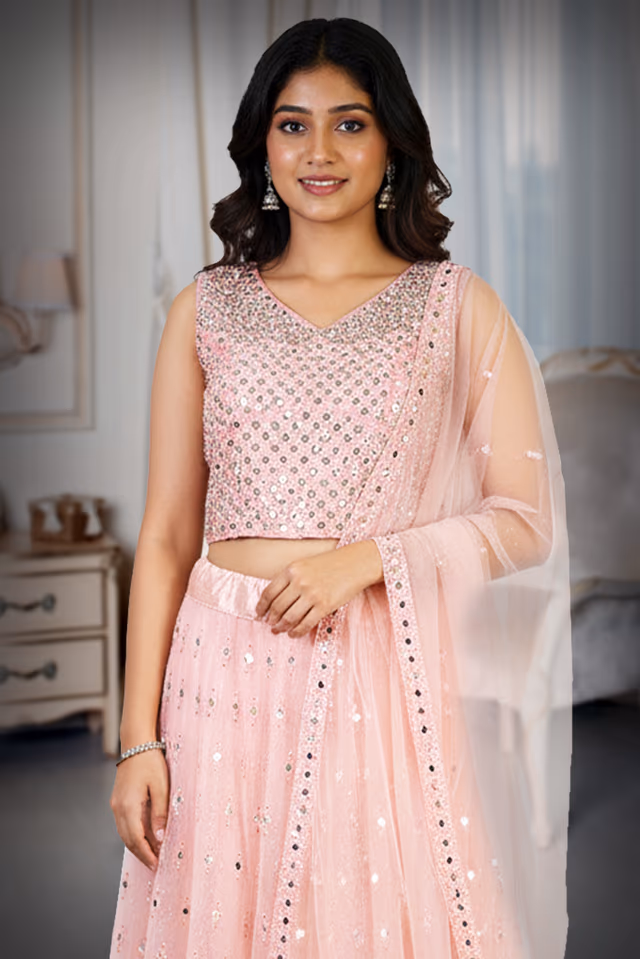 Pale Peach Mirror Work Lehenga — rent in Bangalore