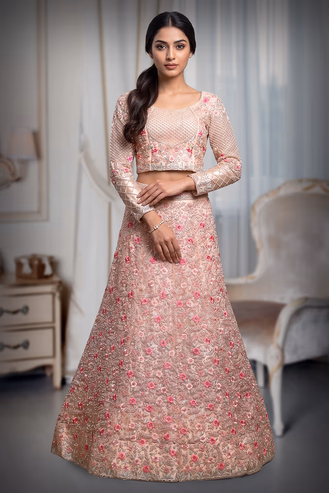 Pastel Peach Bridal Lehenga With Floral Detailed Embroidery Work And Stone Work — back view, rent in Bangalore