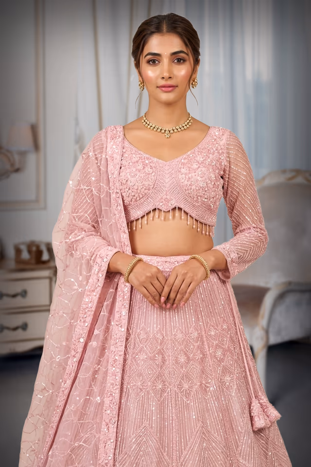 Pastel Pink Hand-Embellished Lehenga Choli with Geometric Sequin Pattern and Tassel Detail — rent in Kochi