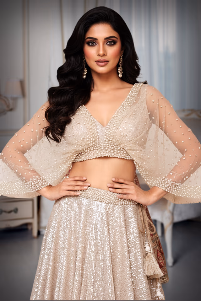 Pearl work with a sequencedskirt creating a gather sleeves. — rent in Bangalore