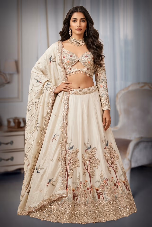 Sophisticated Cream Ivory Lehenga Set With Delicate Bird And Tree Embroidery And Shimmering… — back view, rent in Calicut