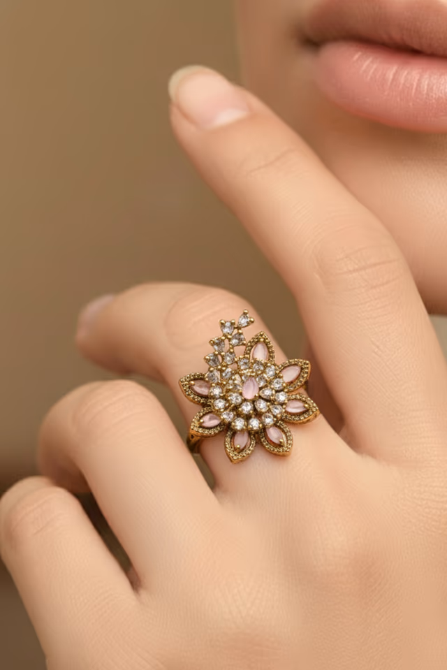 Gold-toned metal with pink center stone and clear baguette stones in a flower design. — rent in Coimbatore