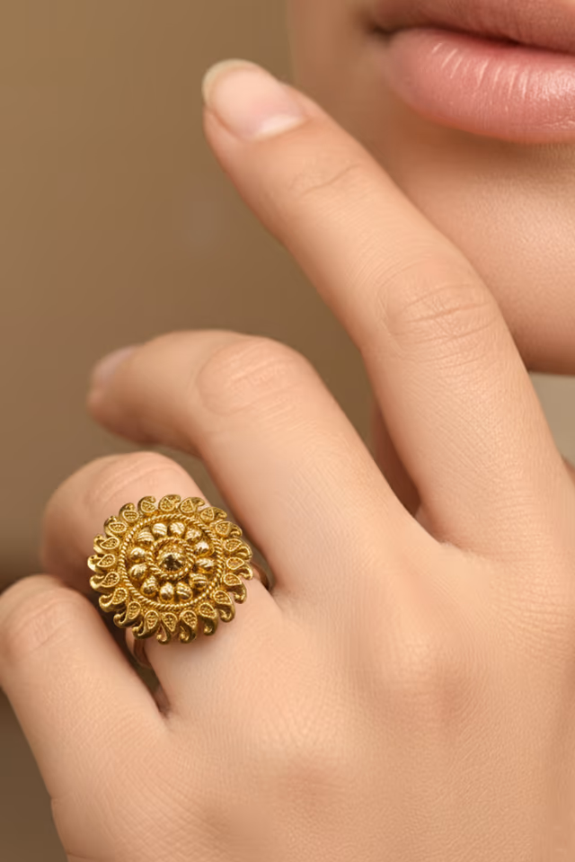 Heirloom Style Golden Round Center Stone Petal Design Ring — rent in Coimbatore