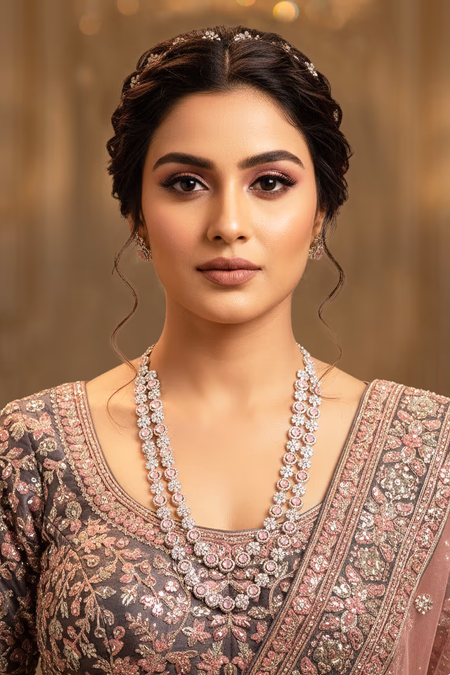 Luxurious AD Two Layer Style Necklace Combining Traditional And Modern Design — back view, rent in Calicut