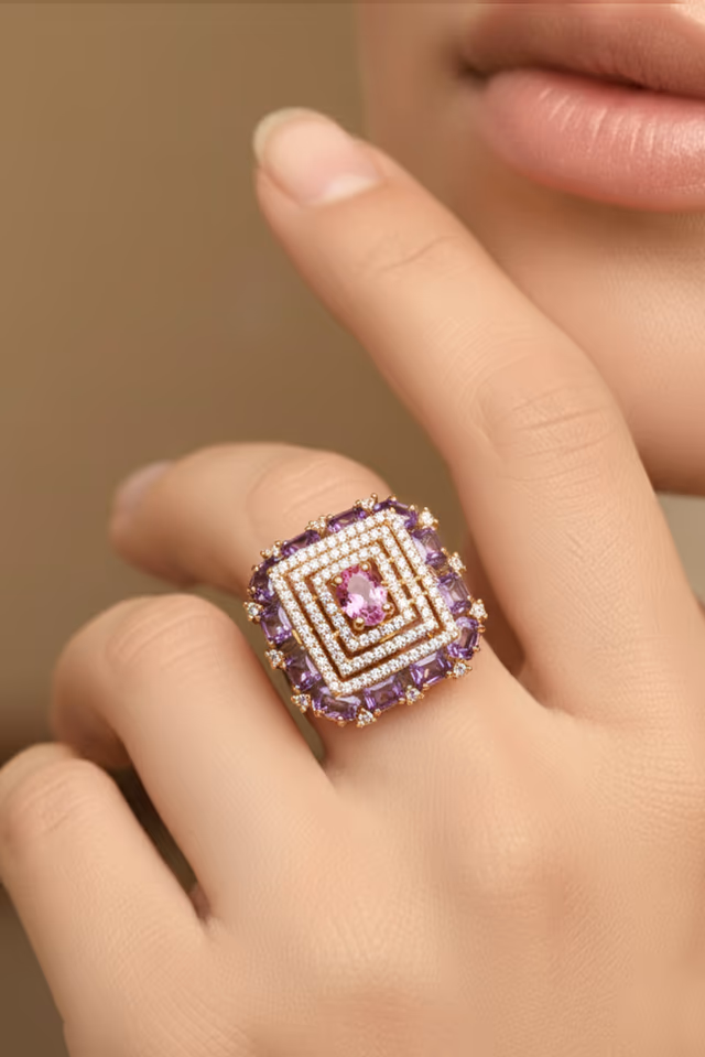 Luxurious Oversized Cluster Finger Ring With Baguette Stones — rent in Coimbatore