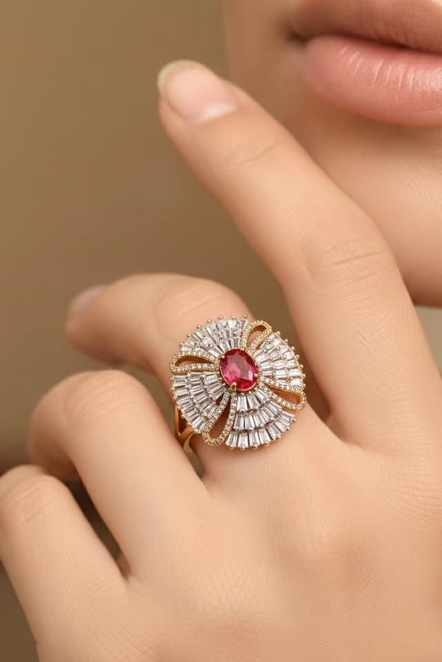 Elegant Rose Gold Finish Center Stone Halo Ring — rent in Coimbatore