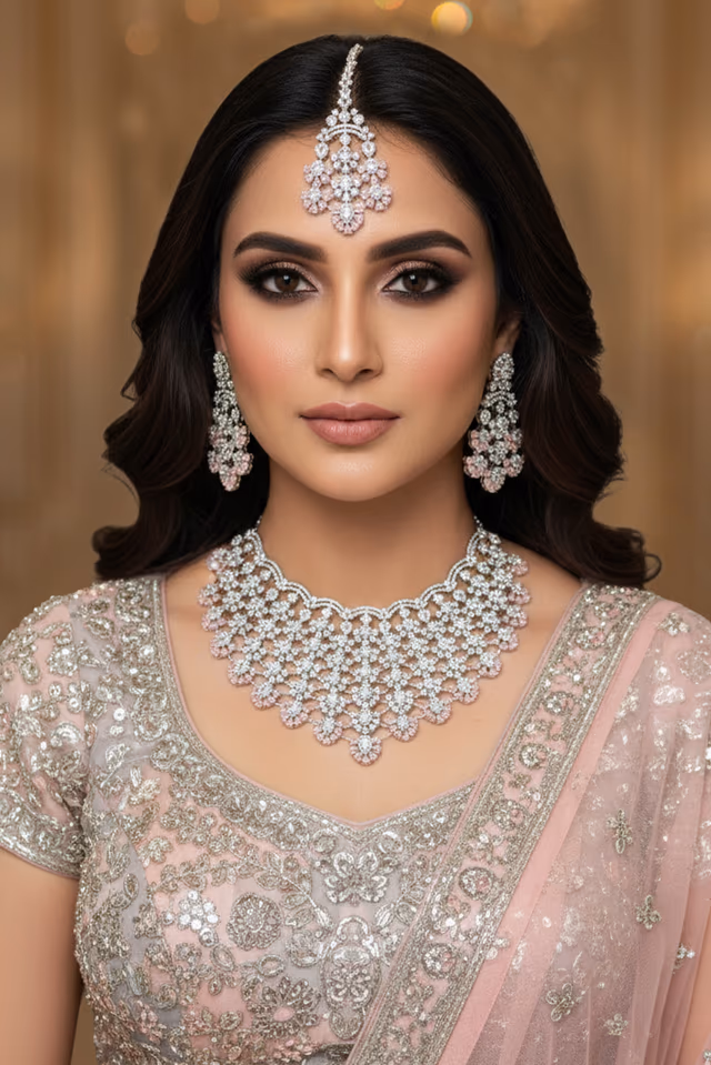 Shimmering Statement Necklace Piece Adorned With Elegant Pink Teardrop Crystals And Fine Silver… — rent in Coimbatore