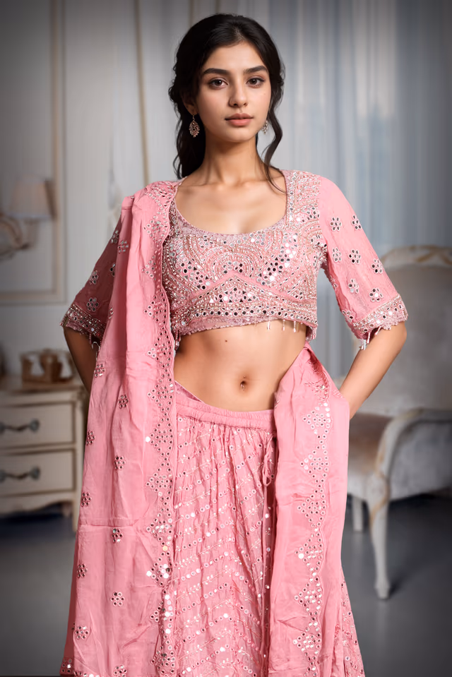 Dark Peach Georgette  Heavy Worked Lehenga With Same Colour Blouse and Dupatta — rent in Coimbatore