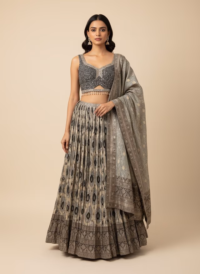 Blue And Beige Printed Pre Wedding Lehenga With Heavy Detailed Border On Skirt — back view, rent in Coimbatore