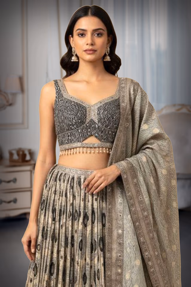 Blue And Beige Printed Pre Wedding Lehenga With Heavy Detailed Border On Skirt — rent in Coimbatore