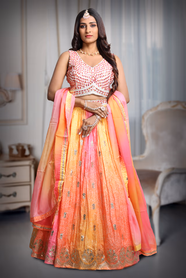 Multicoloured Pink and Yellow Vibrant Ombre  Dyed Lehenga Skirt And Dupatta With Heavy… — back view, rent in Coimbatore