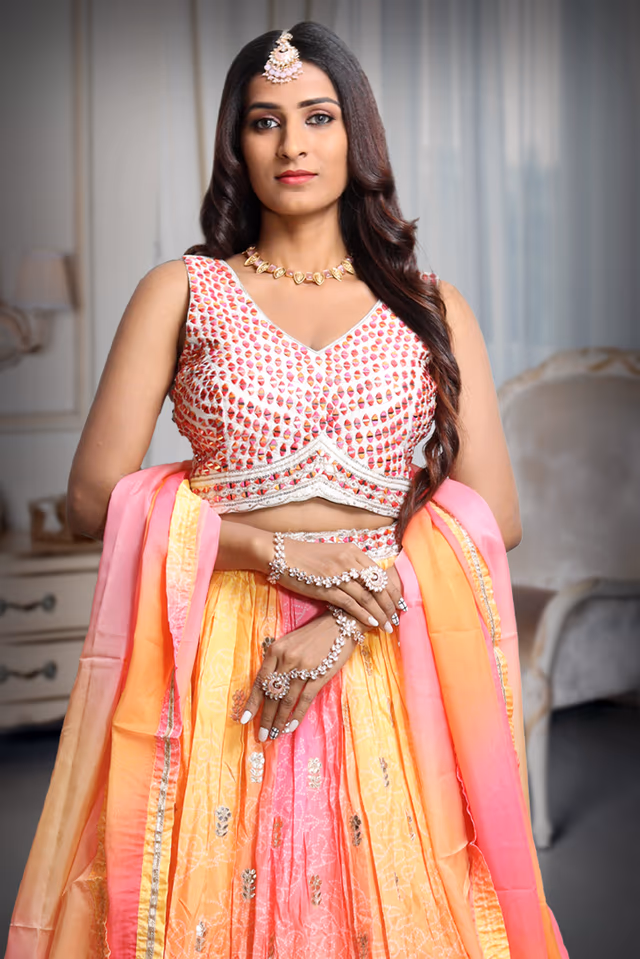 Multicoloured Pink and Yellow Vibrant Ombre  Dyed Lehenga Skirt And Dupatta With Heavy Mirrir work… — rent in Coimbatore