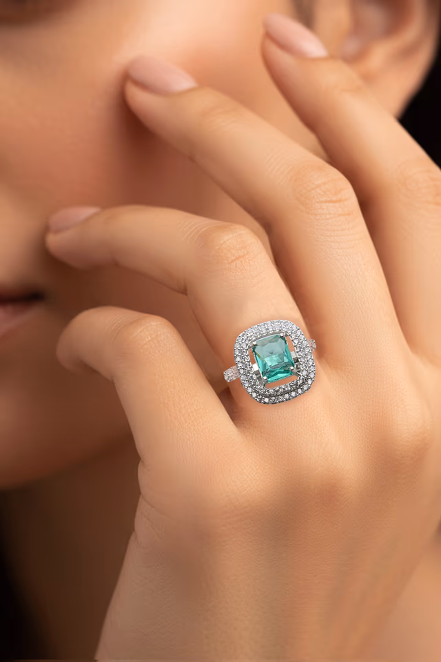 Aqua Green Cushion-Cut Halo Ring — rent in Kochi