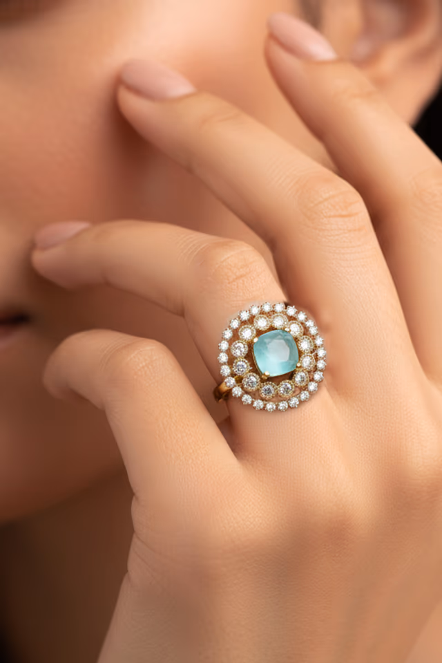 Aqua Green Halo Statement Ring with CZ Stones — rent in Kochi