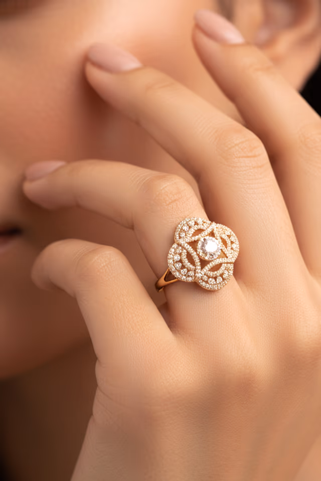 Designer Floral CZ Stone Statement Ring — rent in Kochi