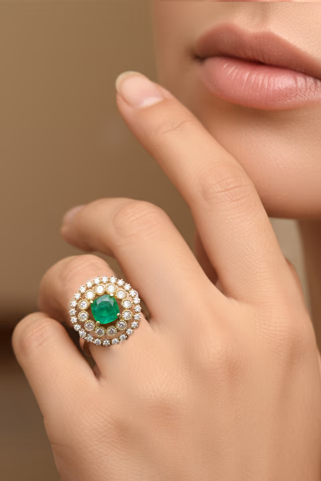 Emerald Green Statement Ring with CZ Halo — rent in Kochi