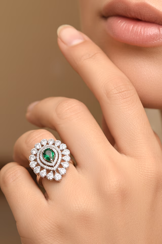 Emerald Green Teardrop Statement Ring — rent in Kochi