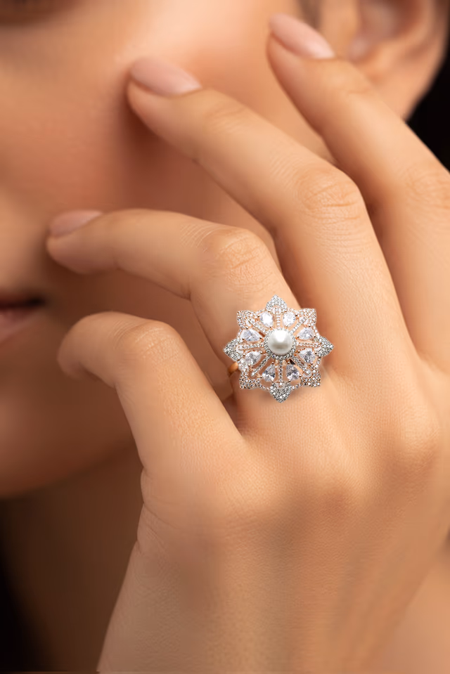 Floral Pearl Stone Cocktail Ring — rent in Kochi