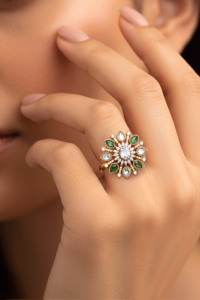 Mint Green and White Floral Statement Ring with CZ Accents — rent in Kochi