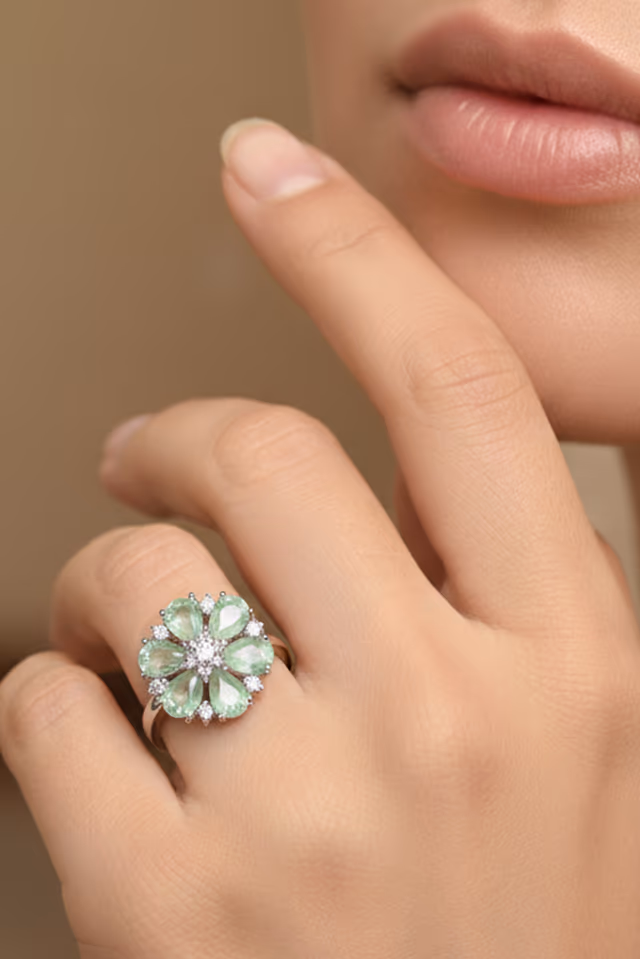 Pastel Green Floral Statement Ring — rent in Kochi