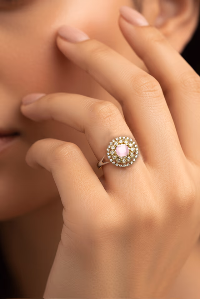 Pink Solitaire Statement Ring with Double Halo — rent in Kochi
