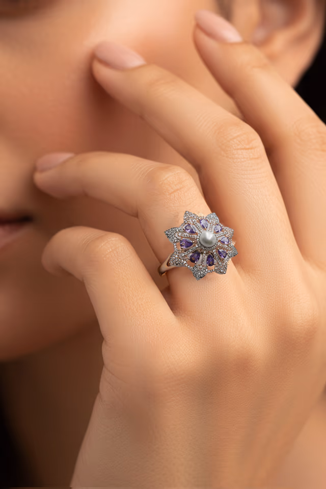 Purple Stone Floral Pearl Cocktail Ring — rent in Kochi