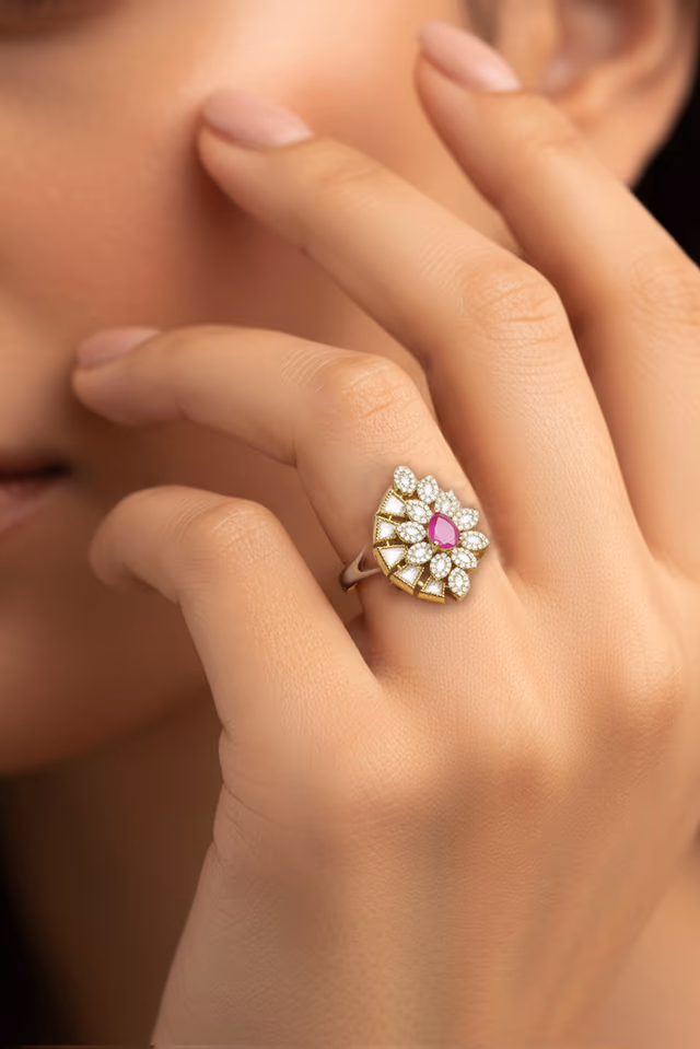 Ruby Red Floral Statement Ring with CZ Accents — rent in Kochi