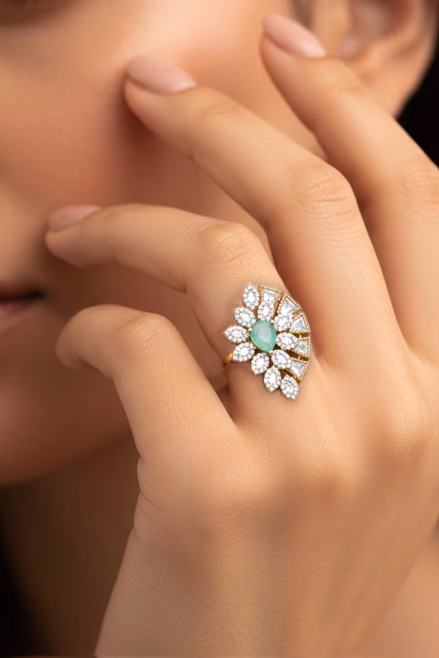 Sea Green Floral Statement Ring with CZ Accents — rent in Kochi