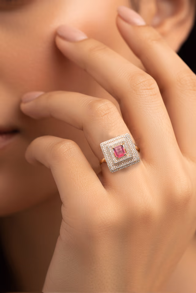 Square Ruby Red Stone Cocktail Ring — rent in Kochi