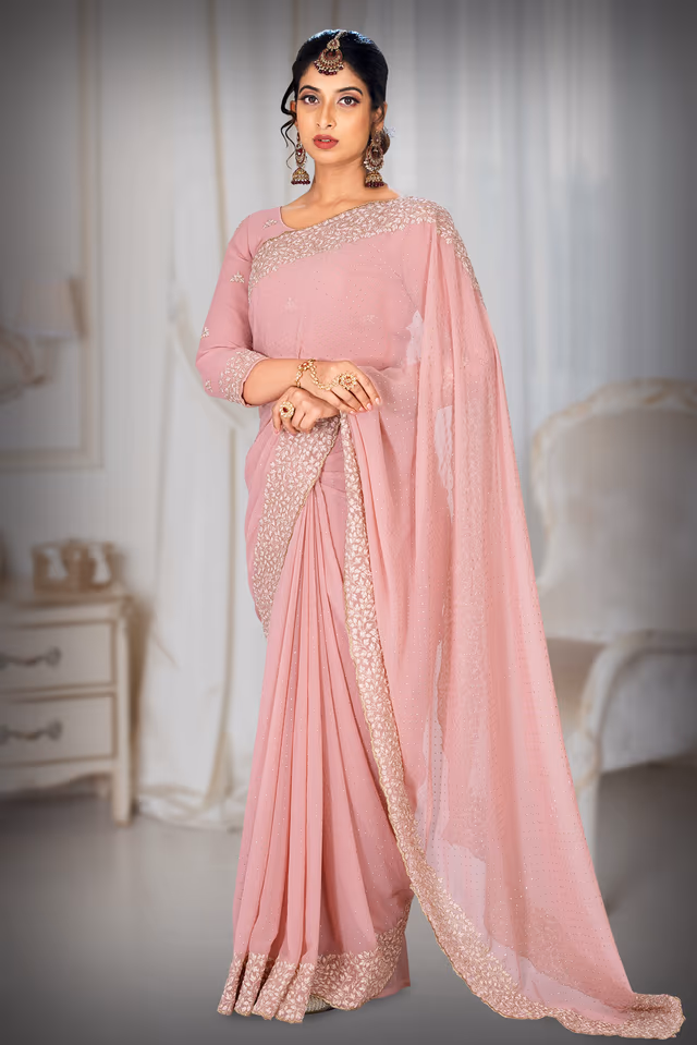Mauve Pink Silk  Saree — back view, rent in Calicut