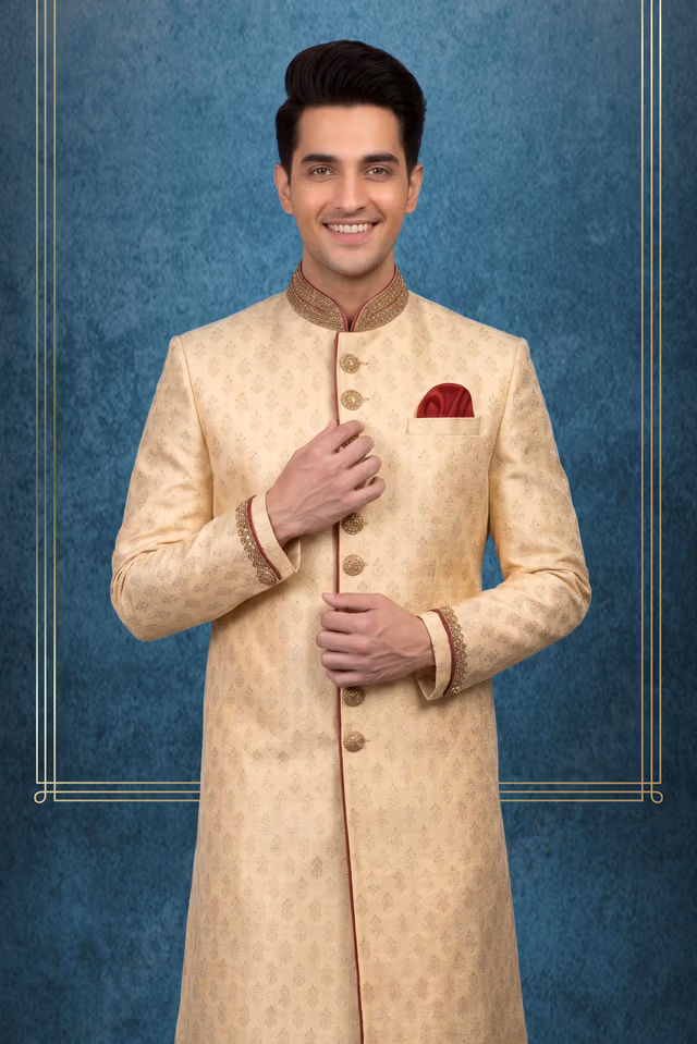 Traditional Jacquard/Brocade Sherwani with Embellishments — back view, rent in Kochi