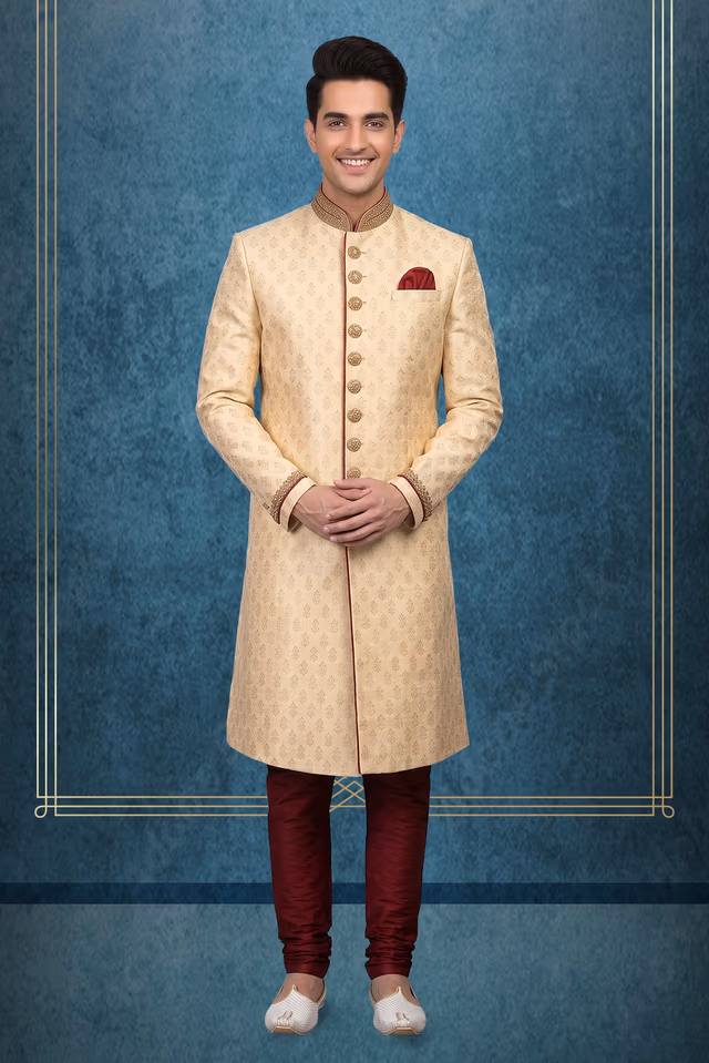Traditional Jacquard/Brocade Sherwani with Embellishments — rent in Kochi