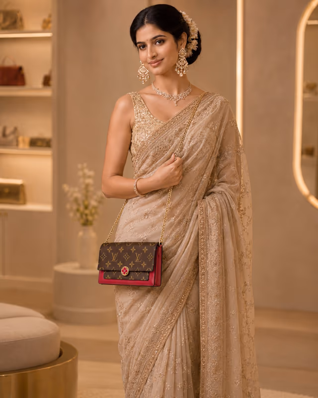Louis Vuitton Flore Monogram Canvas Chain Wallet Fuchsia — back view, rent in Edappally