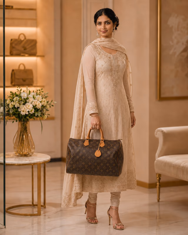 Louis Vuitton Speedy 35 Monogram Canvas Boston Bag with Charm — back view, rent in Edappally