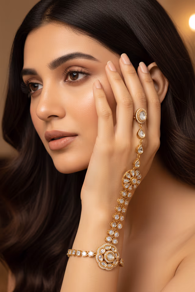 Elevate Your Bridal Look With This Stunning Traditional Hand Harness Featuring Delicate Gold Filigree… — rent in Bangalore