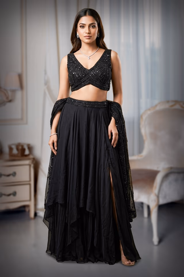 Black Georgette Cocktail Lehenga with Heavy Blouse Work and Choker Dupatta — back view, rent in Bangalore
