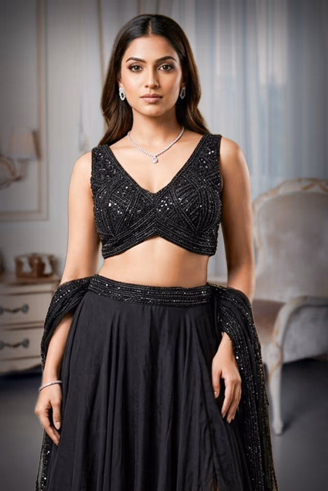 Black Georgette Cocktail Lehenga with Heavy Blouse Work and Choker Dupatta — rent in Bangalore