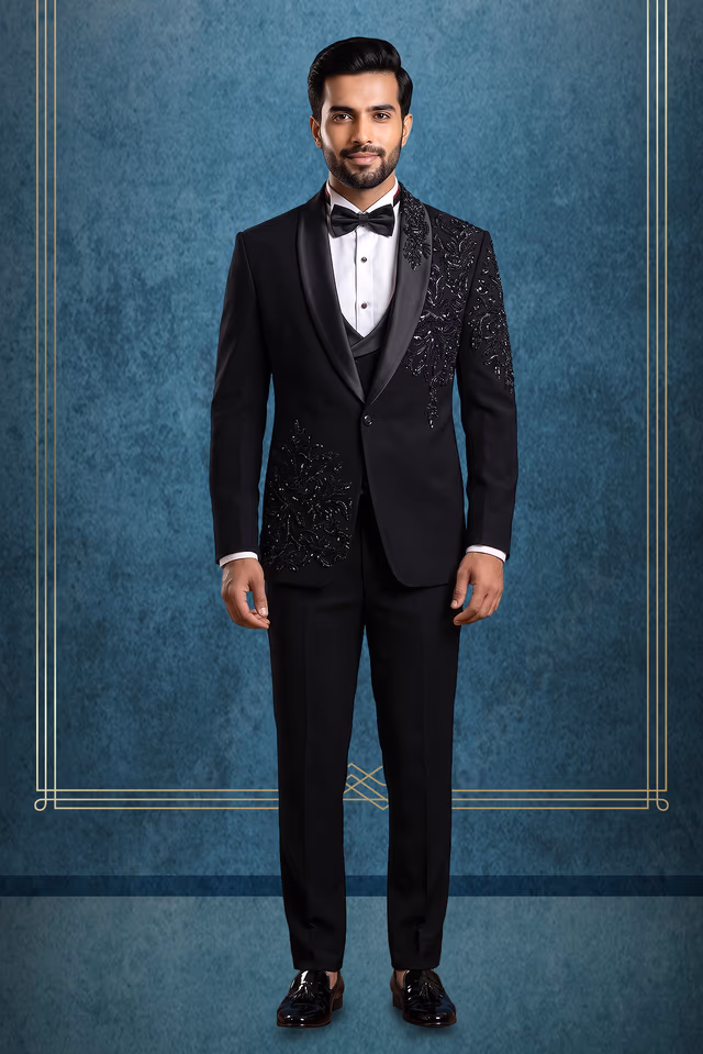 Black Handworked Party Tuxedo With Black Handworked Details On Left Side — rent in Calicut