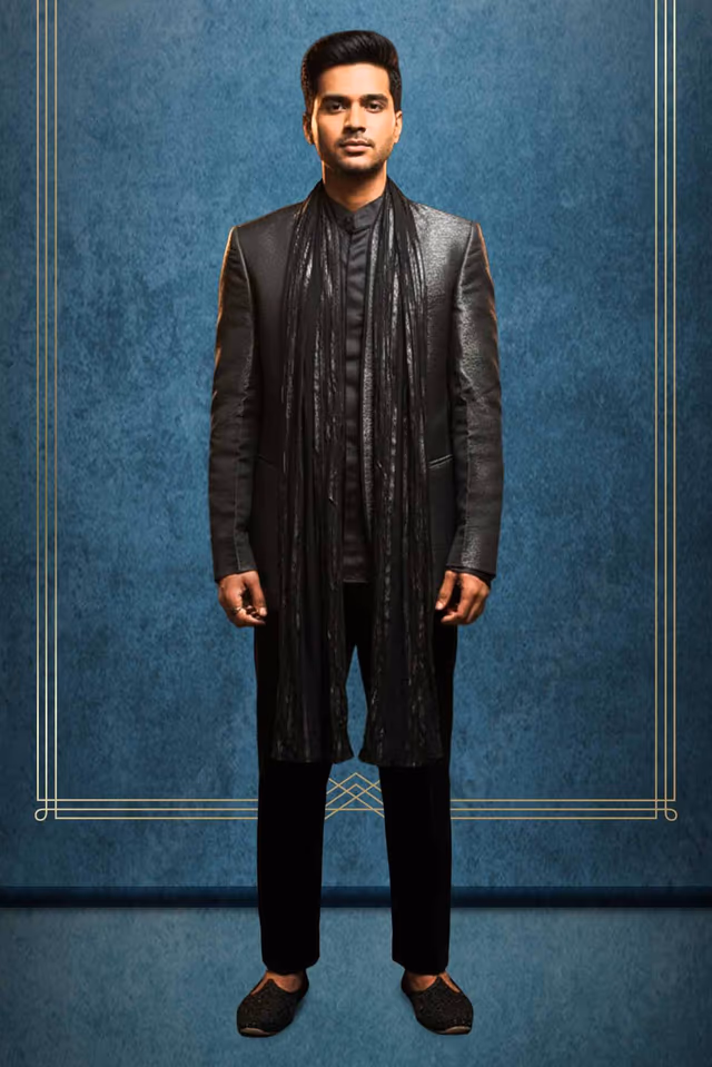 Charcoal Grey Prince Suit with Chinese Collar and Highlighted Textured Fabric Dupatta — rent in Bangalore