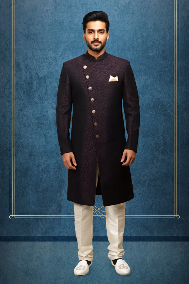 Dark Maroon Indowestern With Golden Button And Beige Pocket Square Details — rent in Calicut
